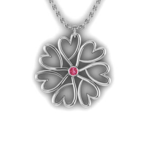 a Red Garnet Pendant Chain made of sterling silver that lies in the middle of a circles of seven connected hearts that are the symbol for Ladles of Love